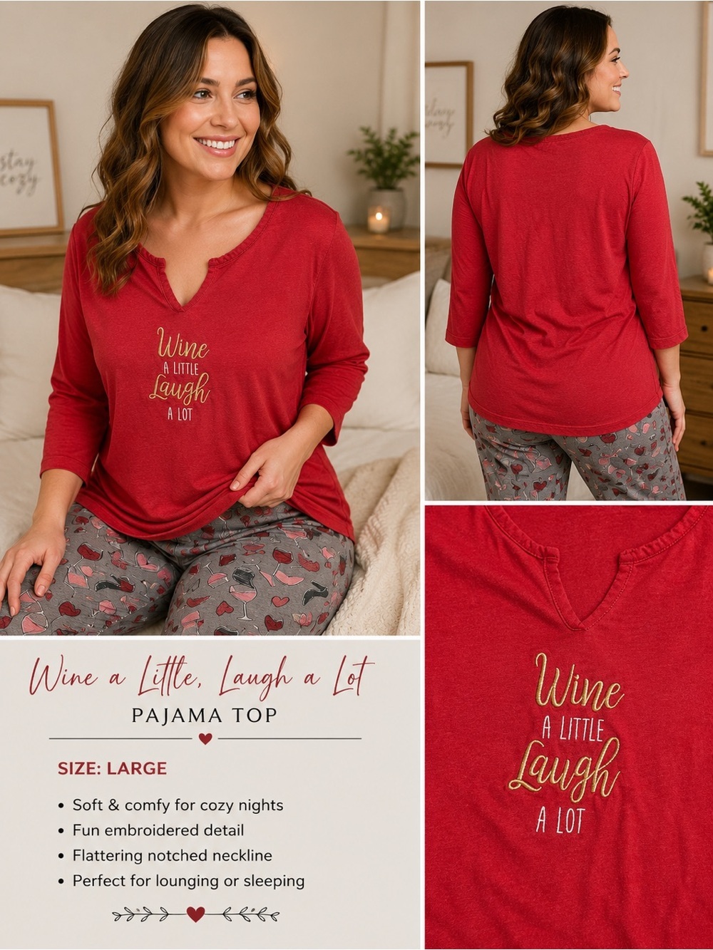 Rene Rofe WINE Red V-neck Long Sleeve PJ Top with Script Embroidery LARFE